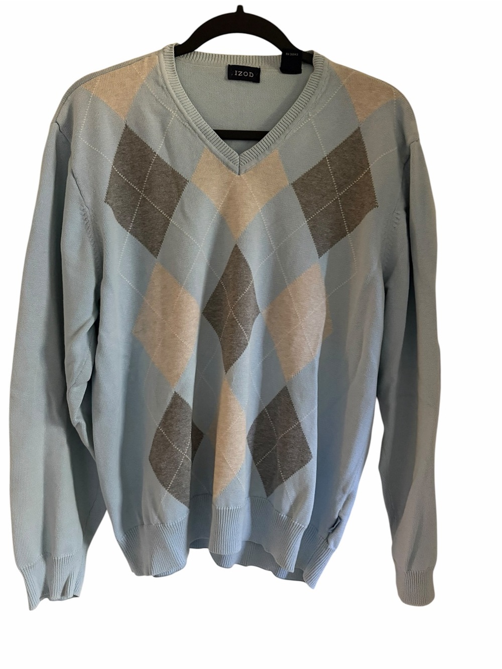 IZOD Men’s Argyle V-Neck Sweater Large Blue Gray Preppy 100% Cotton